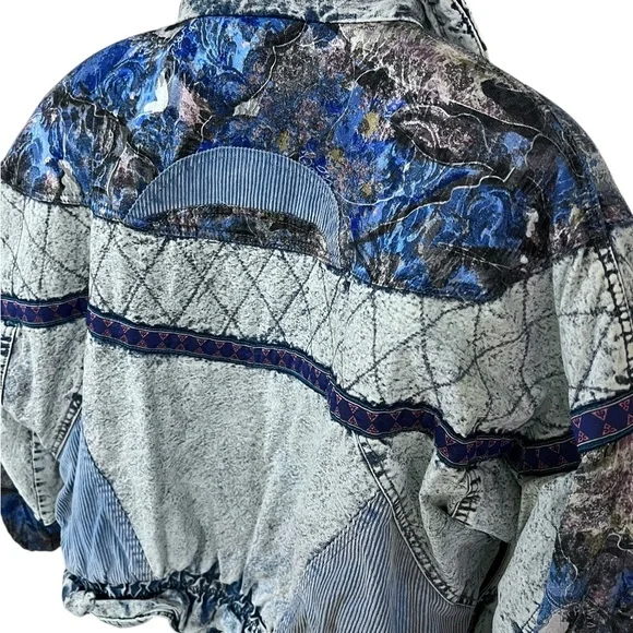 Vtg 80s 90s Acid Wash Denim Puffer Jacket Patchwork Glam Rock Hip Hop Bomber M - Picture 12 of 16
